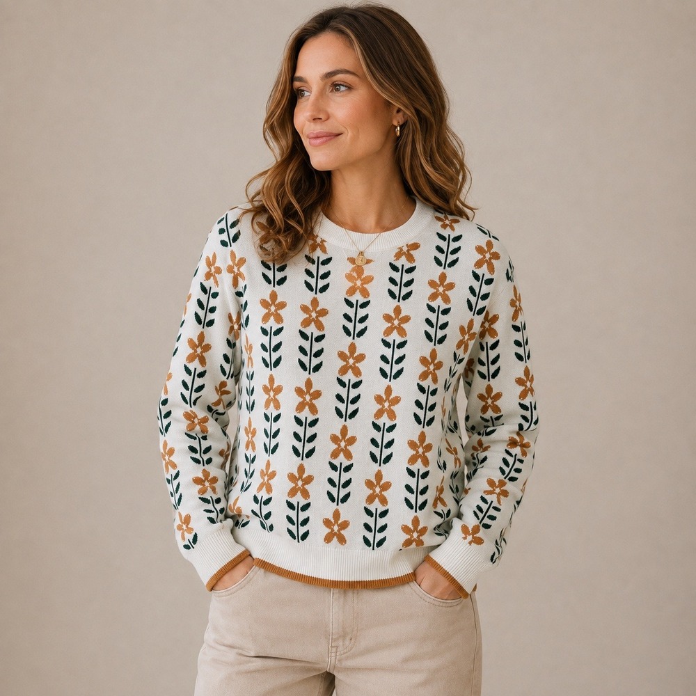 Floral‎ Knit Sweater Womens Medium Cottagecore Scandinavian Boho Garden Zesica